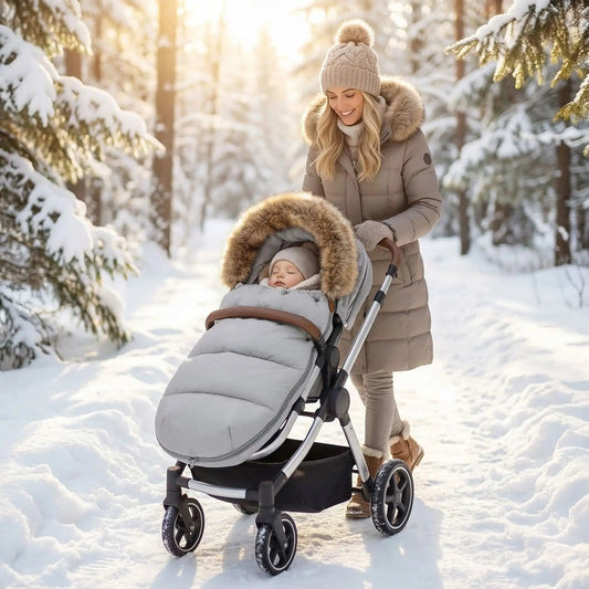 bébé dans chanceliere hiver durable avec maman au parc