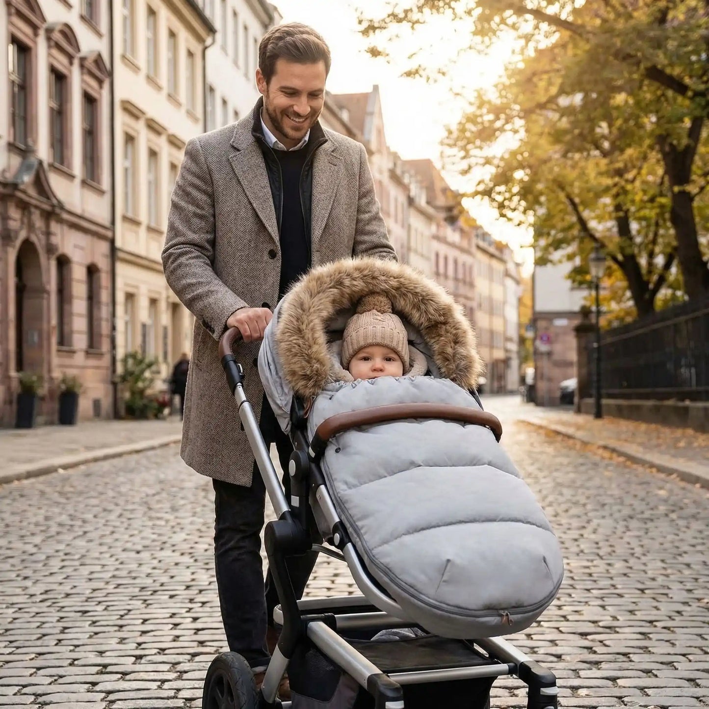 bébé dans chanceliere hiver durable avec papa en ville