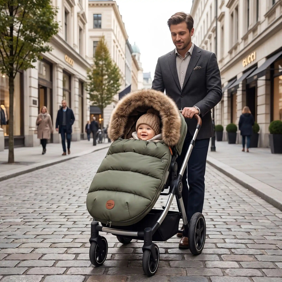 bebe dans chanceliere impermeable poussette bébéclimat en ville avec papa