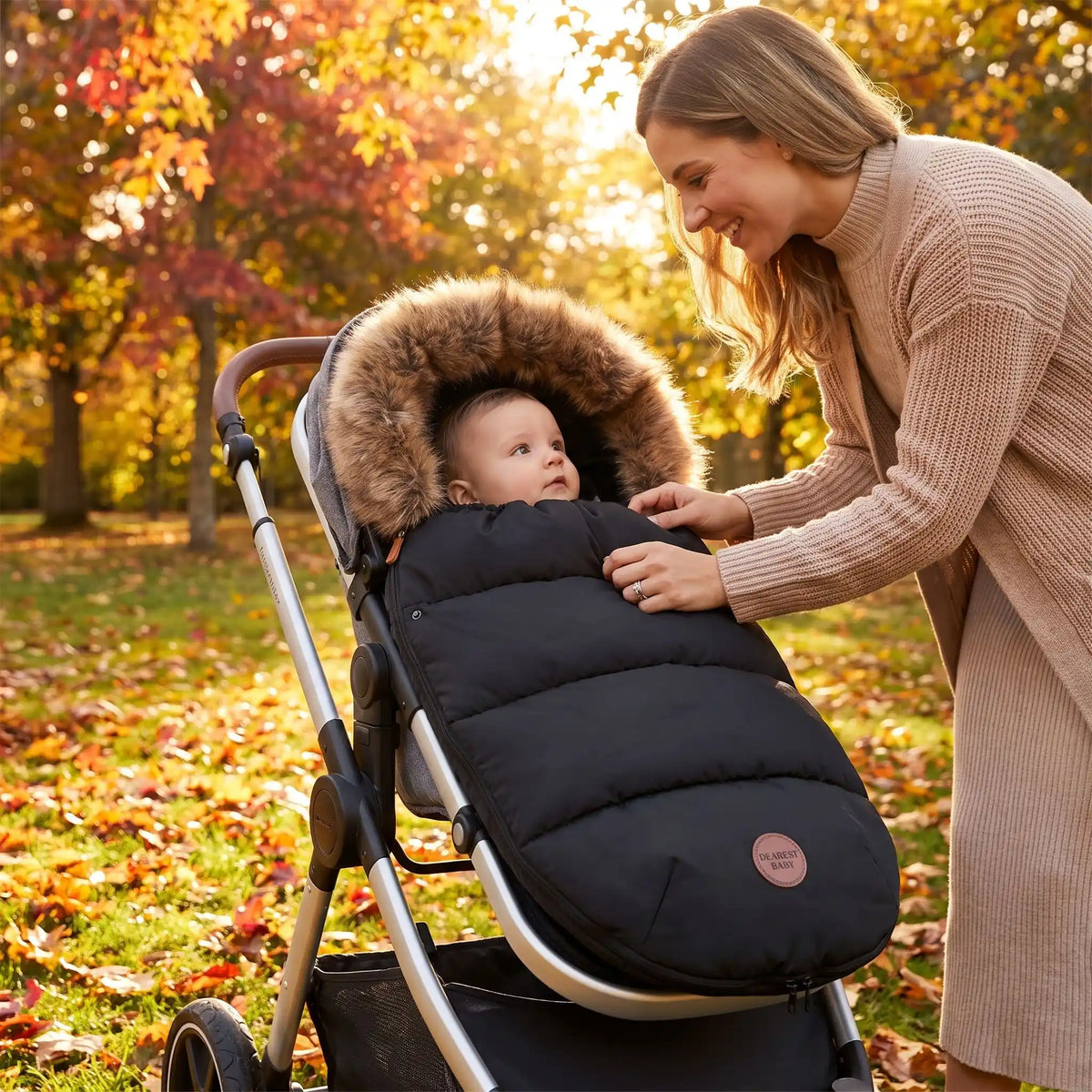 bébé dans chanceliere impermeable poussette cocoon au parc avec maman