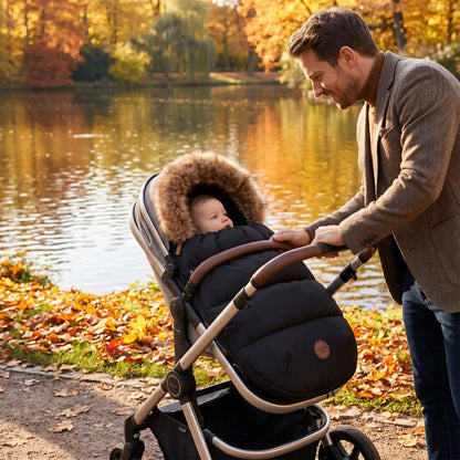 bébé dans chanceliere impermeable poussette cocoon avec papa