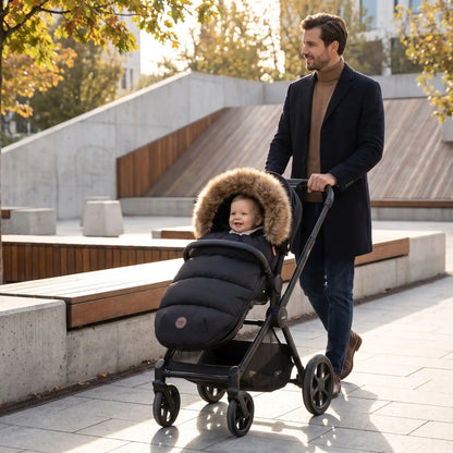 bébé dans chanceliere impermeable poussette cocoon en ville avec papa