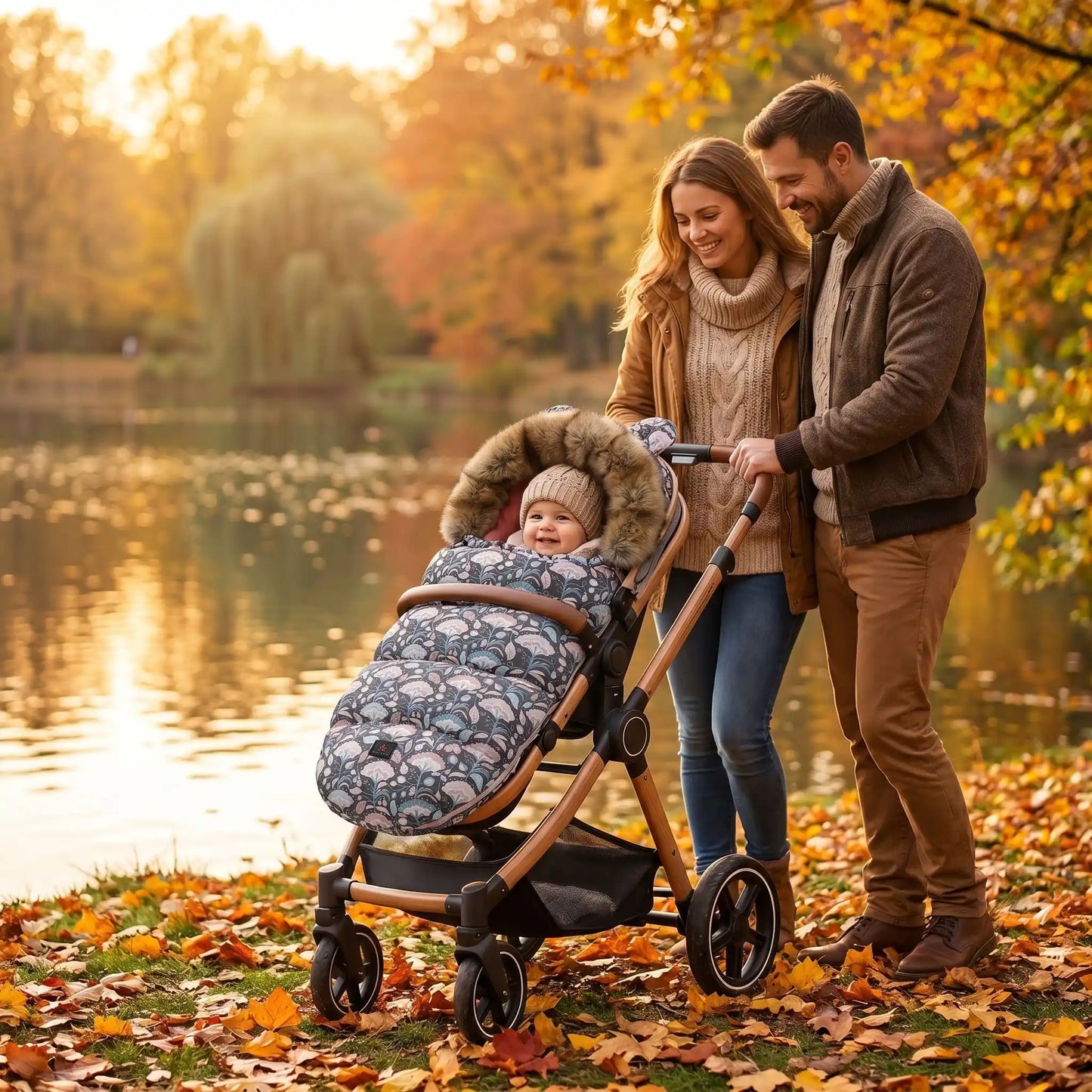 bébé dans chanceliere pieds chaud douillet flanelle au bord d'eau avec maman et papa
