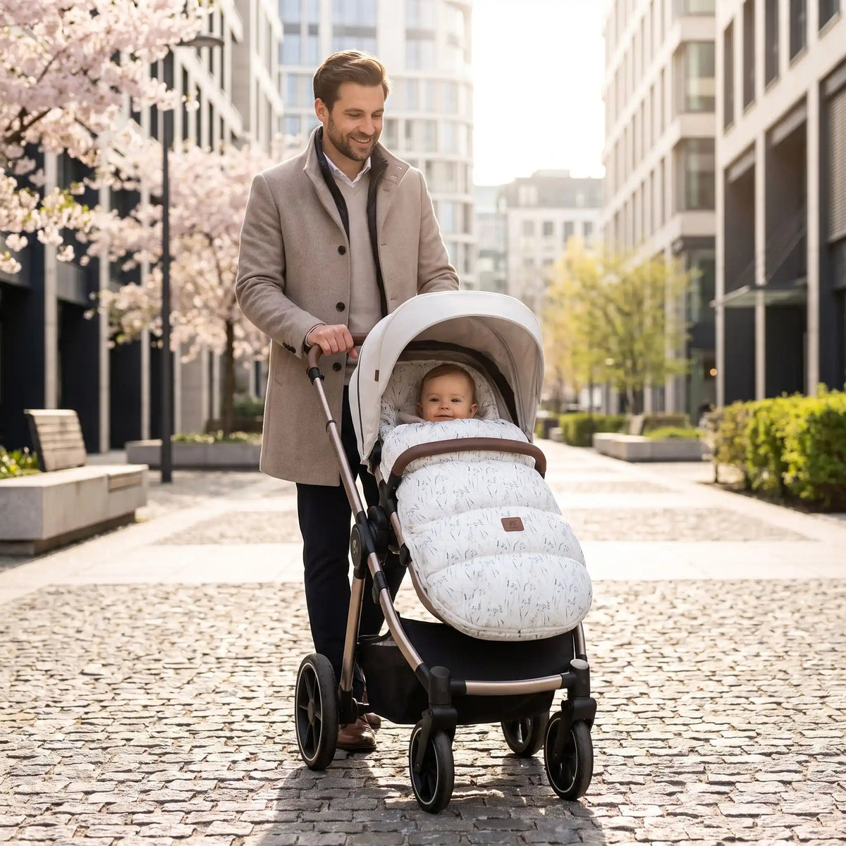 bébé dans chancelière pour bebe confortdouillet en ville avec papa