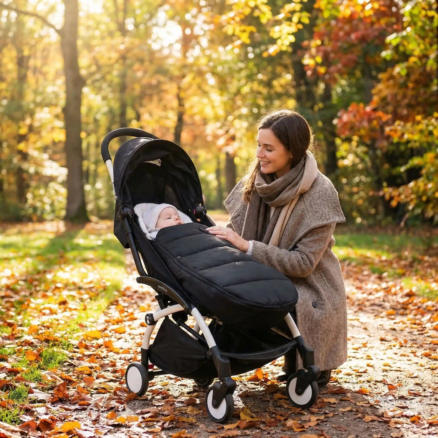 bébé dans chancelière pour cosy toutes saisons avec maman au parc