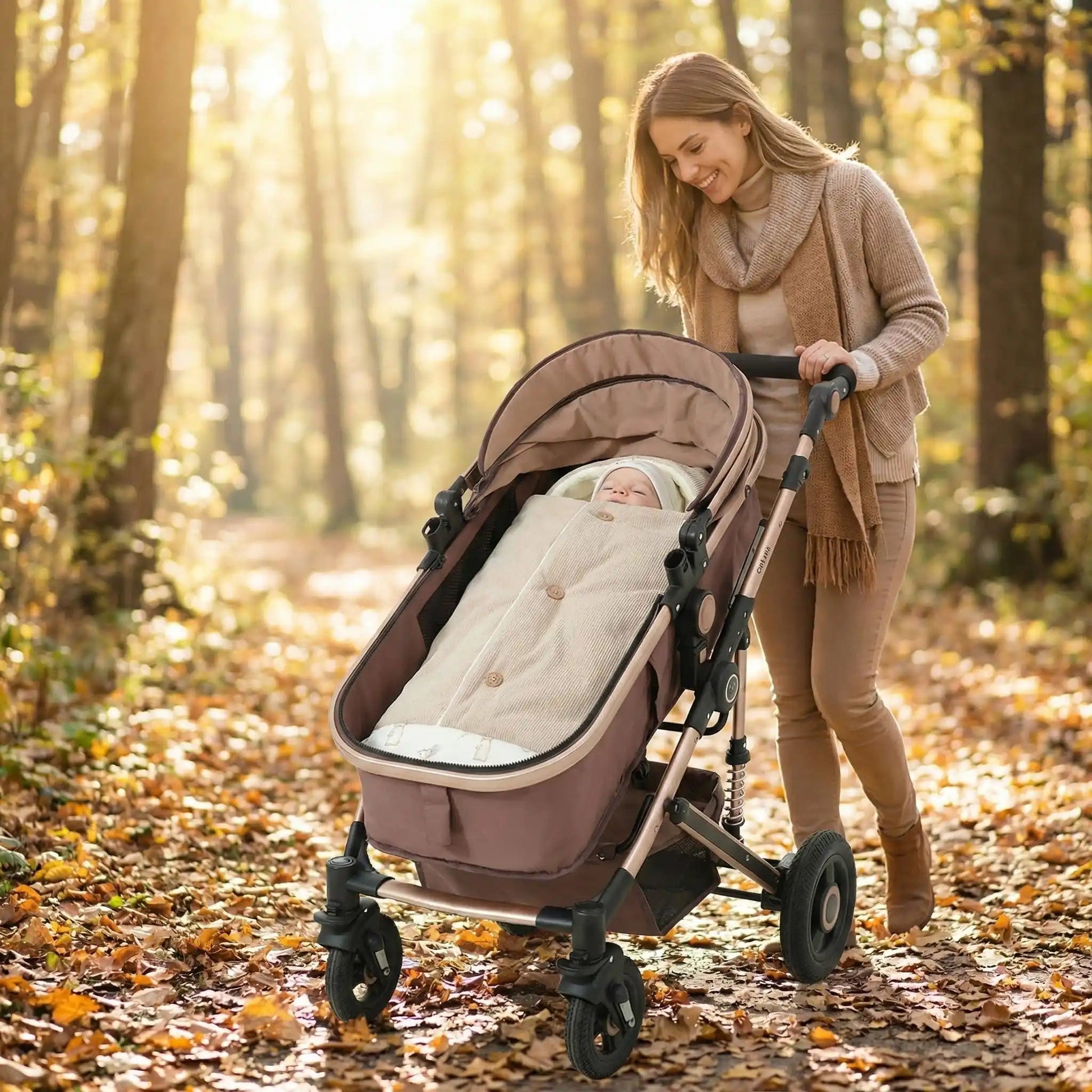 bébé dans chanceliere pour poussette comfywinter avec maman au bois
