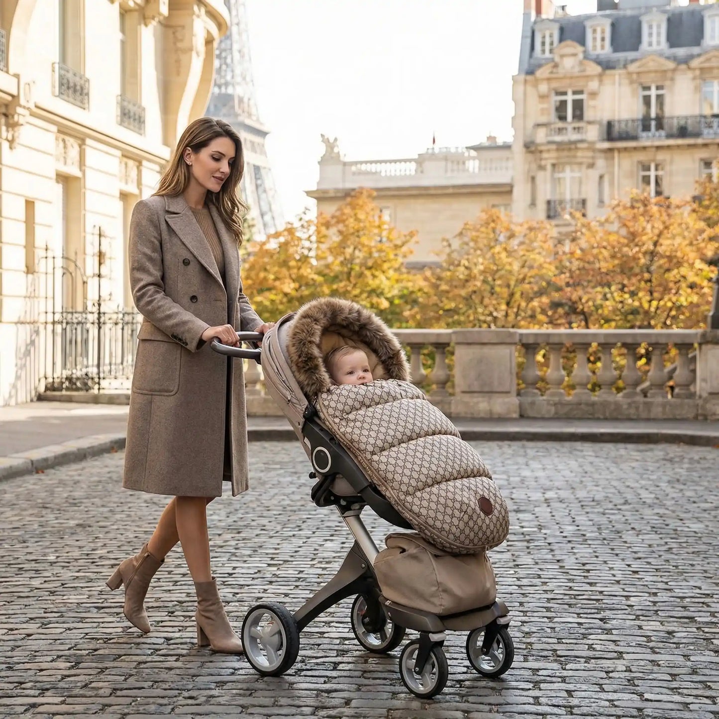 bébé dans chanceliere poussette 24/36mois imperméable en ville avec maman