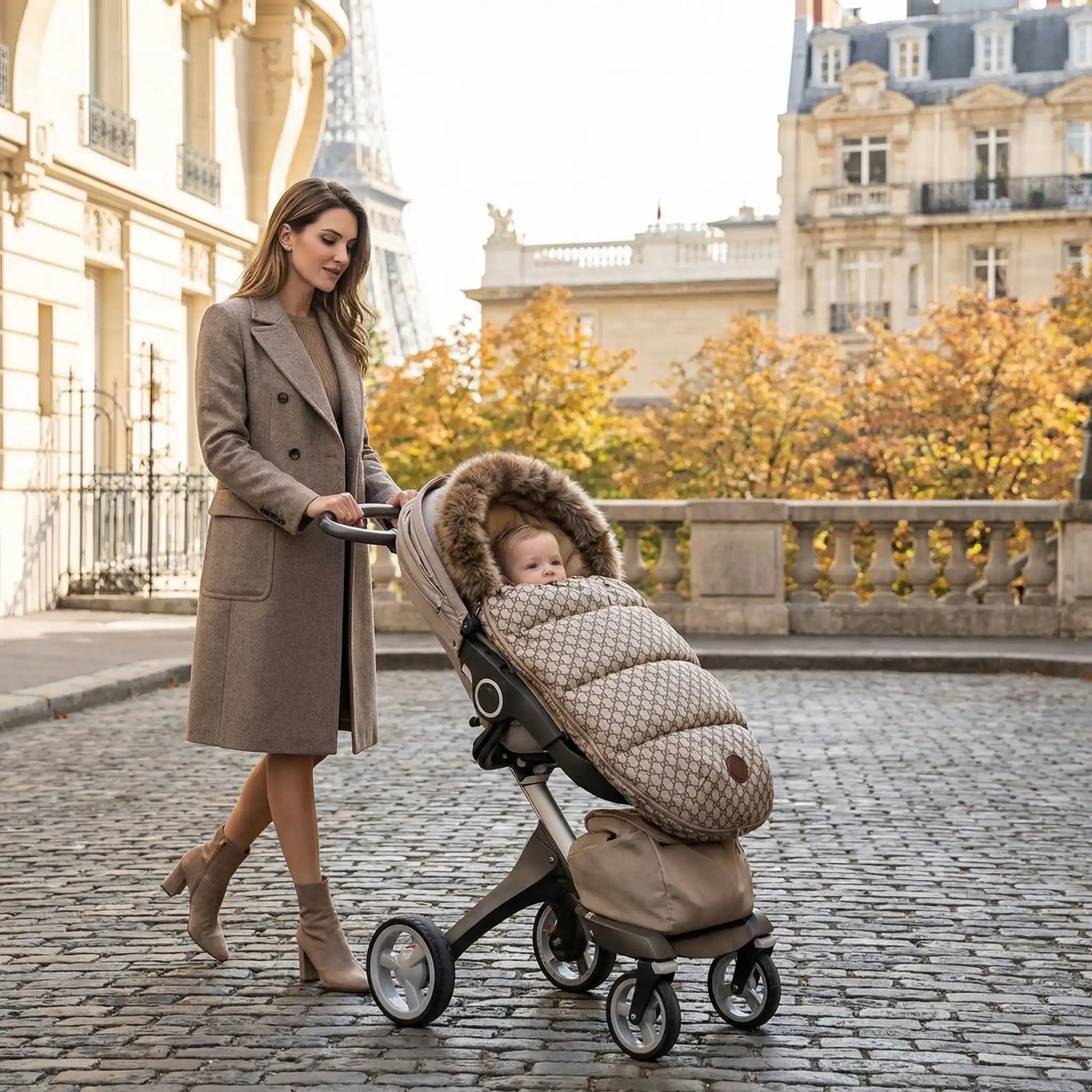 bébé dans chanceliere poussette 24/36mois imperméable en ville avec maman