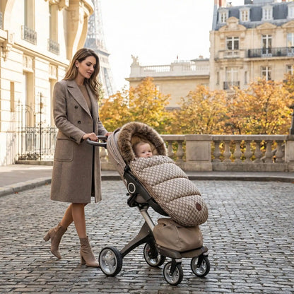 bébé dans chanceliere poussette 24/36mois imperméable en ville avec maman