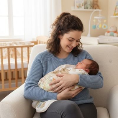 bébé dans couverture poussette hiver softbaby avec maman dans la chambre