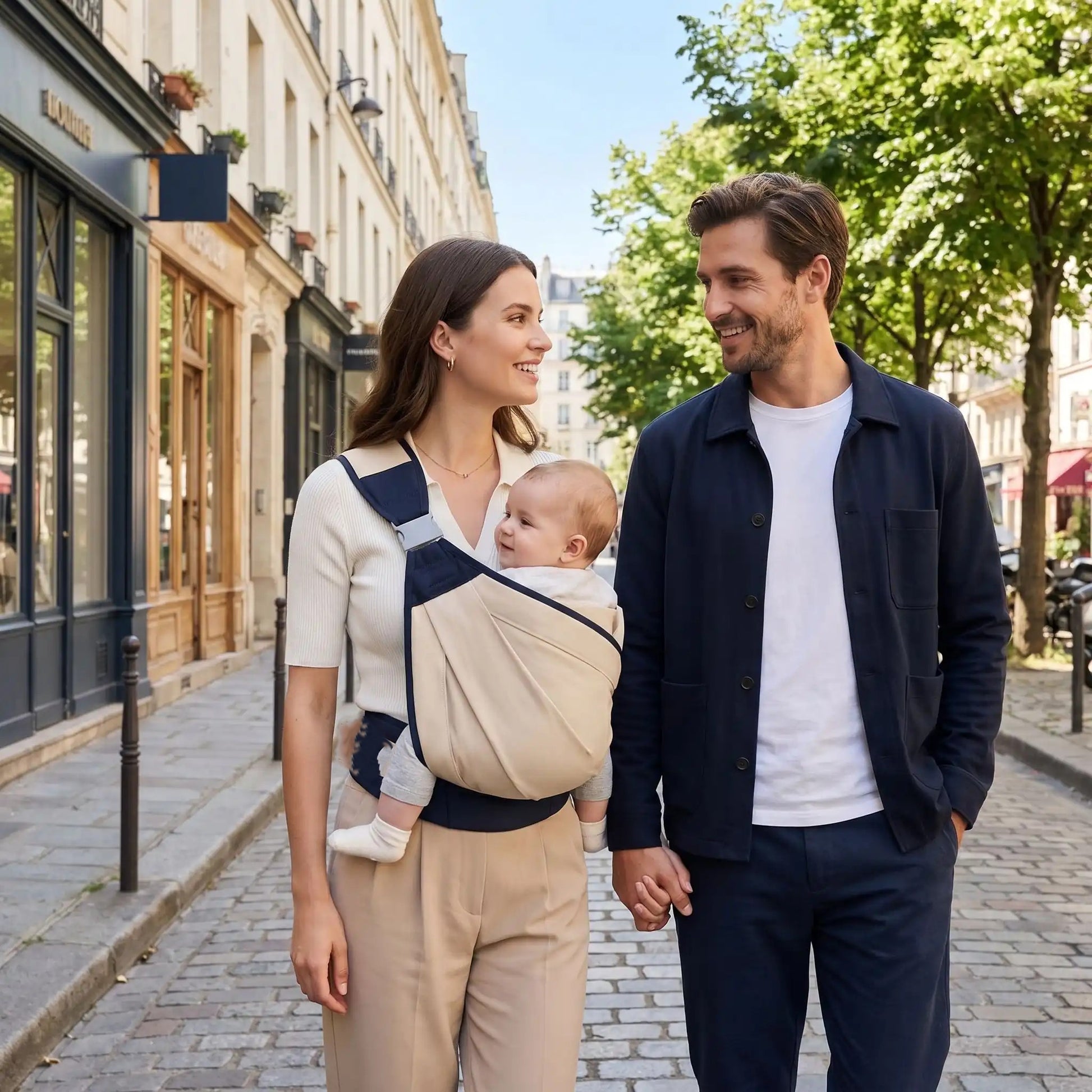 bébé dans echarpes de portage airconfort en ville avec maman et papa