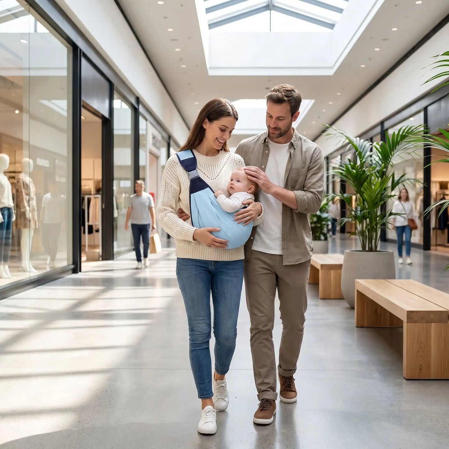 bébé dans l'écharpe porte bebe physioconfort avec maman et papa au centre d'achat