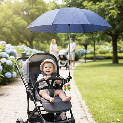 bébé dans la poussette avec ombrelle pour poussette ​ajustable universelle au parc 