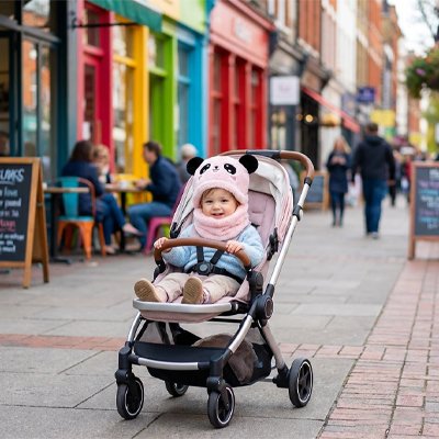 bébé dans la poussette porte cagoule bebe ultra-douce en ville