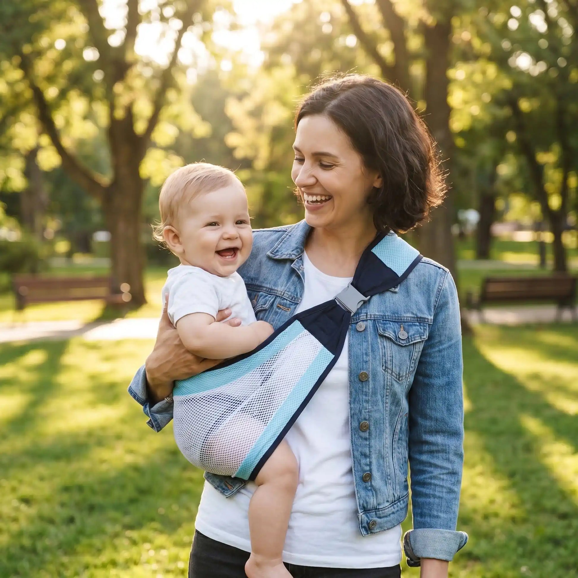 bébé dans porte bebe cote airblue avec maman au parc