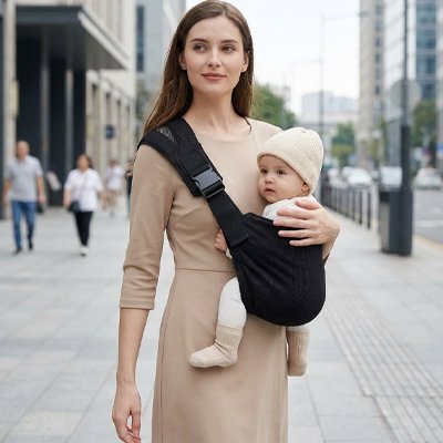 bébé dans porte bebe cote comfort chic avec maman en ville