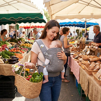 bébé dans porte bebe ergonomique airgreyavec maman au marché