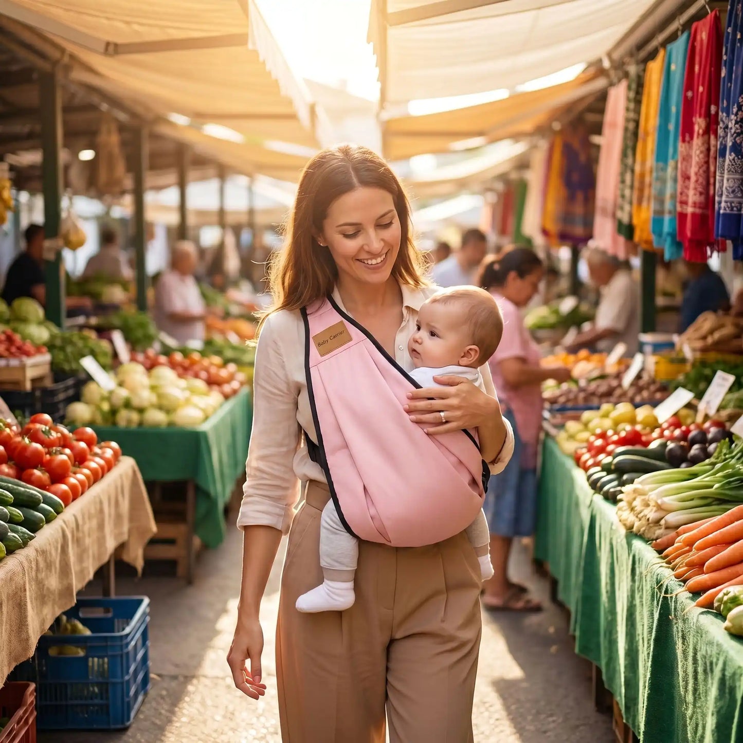 bébé dans porte bebe foulard babyrose avec maman au marché