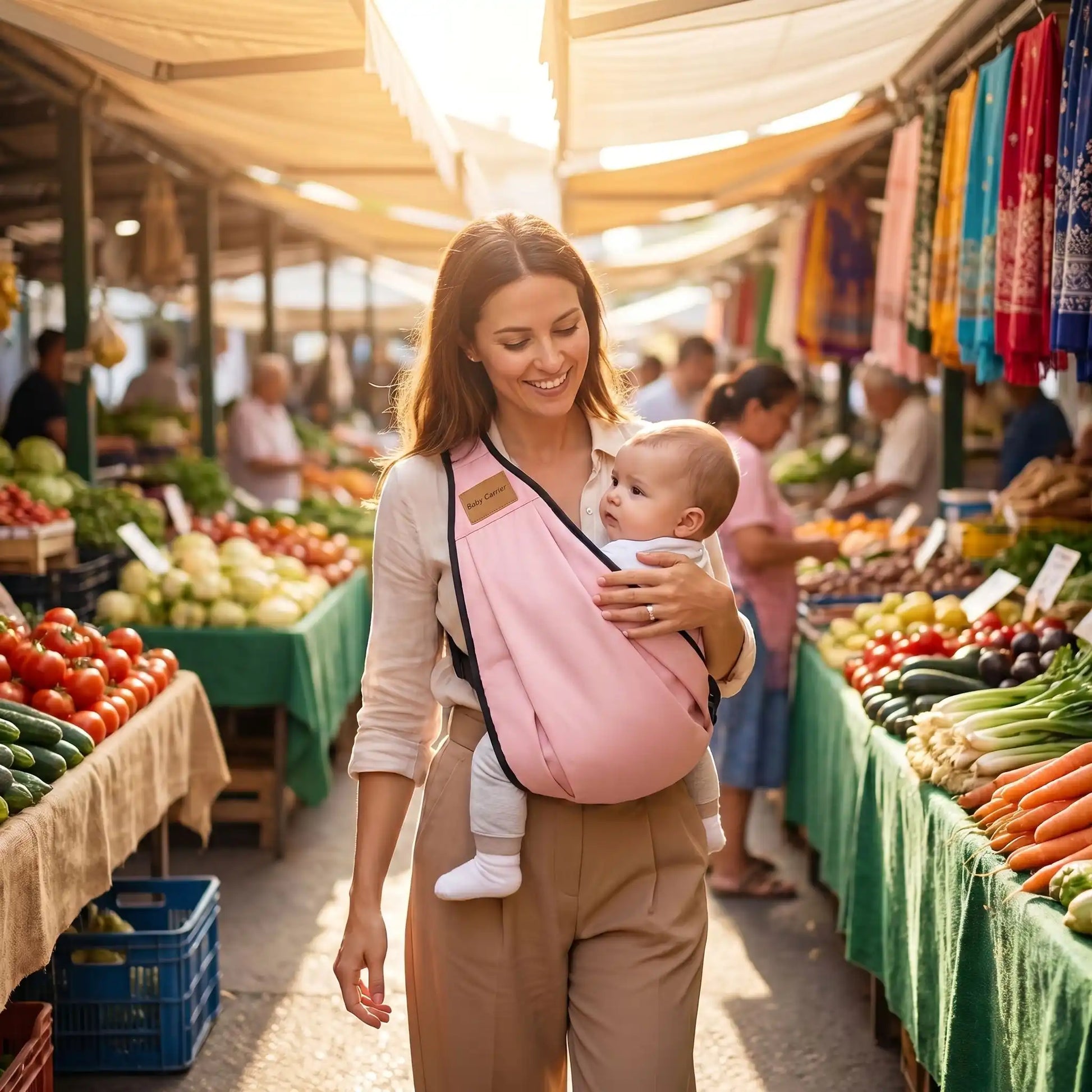 bébé dans porte bebe foulard babyrose avec maman au marché