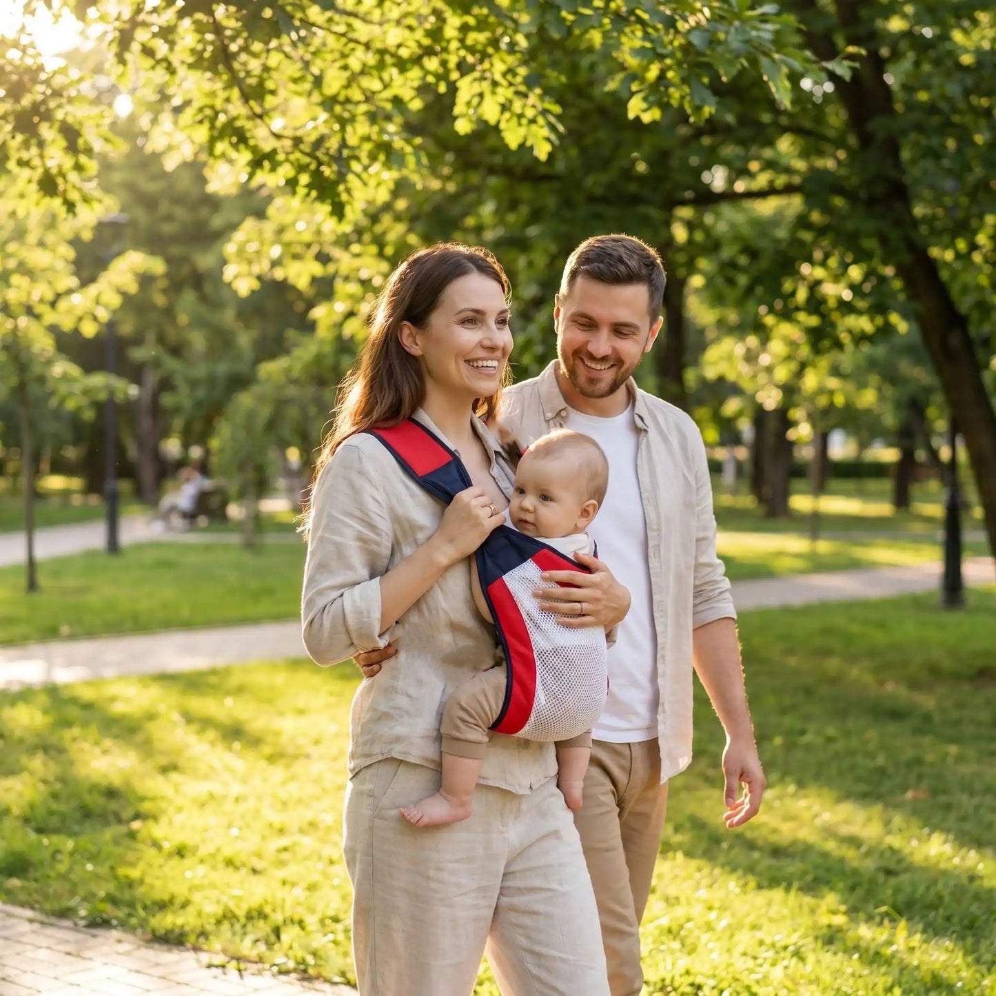 bébé dans porte bebe hanche ergoair avec maman et papa au parc