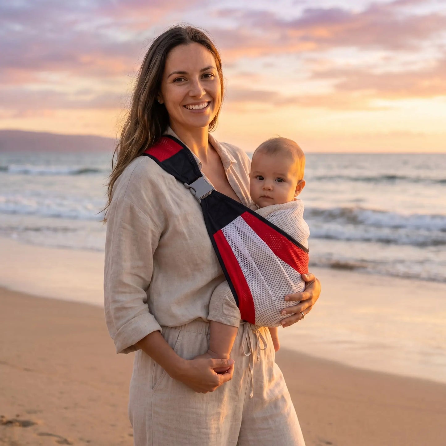 bébé dans porte bebe hanche ergoair avec maman sur la plage
