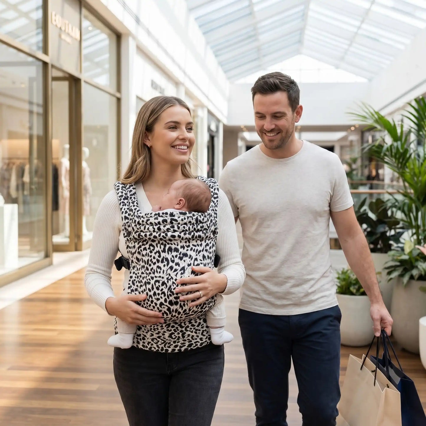 bébé dans porte bebe naissance ajustable au centre d'achat avec maman et papa