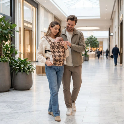 bébé dans porte bébé nouveau né ergobaby au centre d'achat avec maman et papa