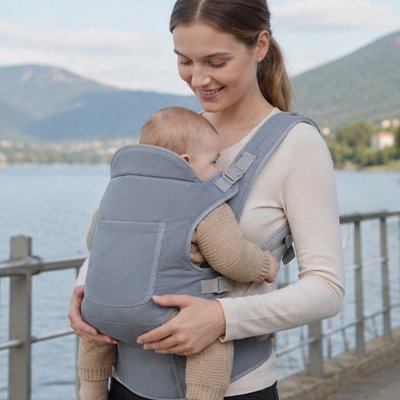 bébé dans porte bebe physio grâce avec maman au bord d'eau