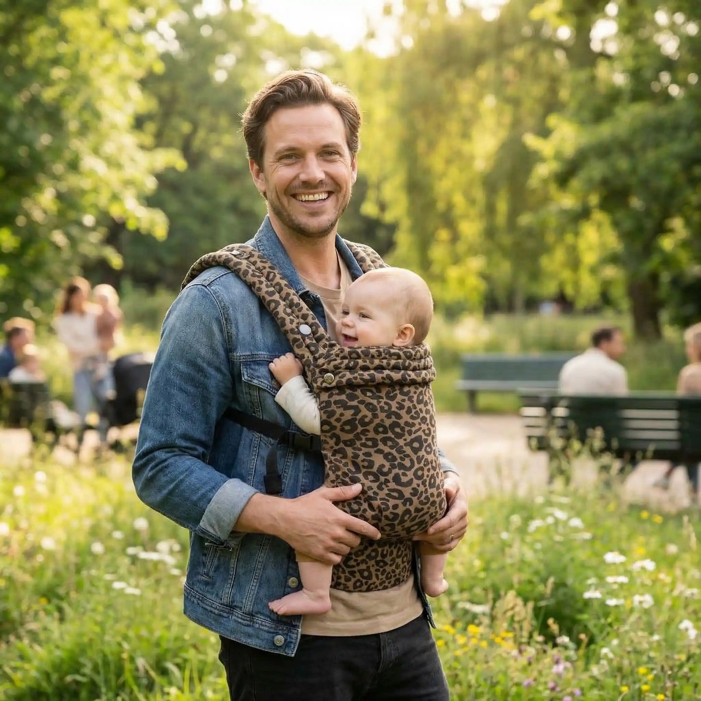 bébé dans porte bébé physiologique ergocomfort avec papa au parc