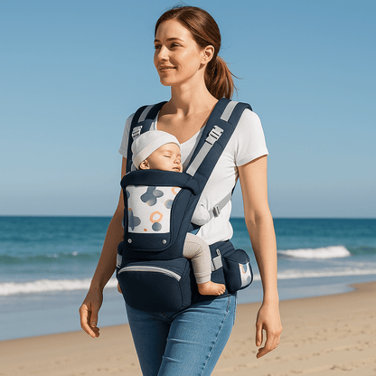 bébé dans porte - bébé physiologique ergofamily au bord de la mer