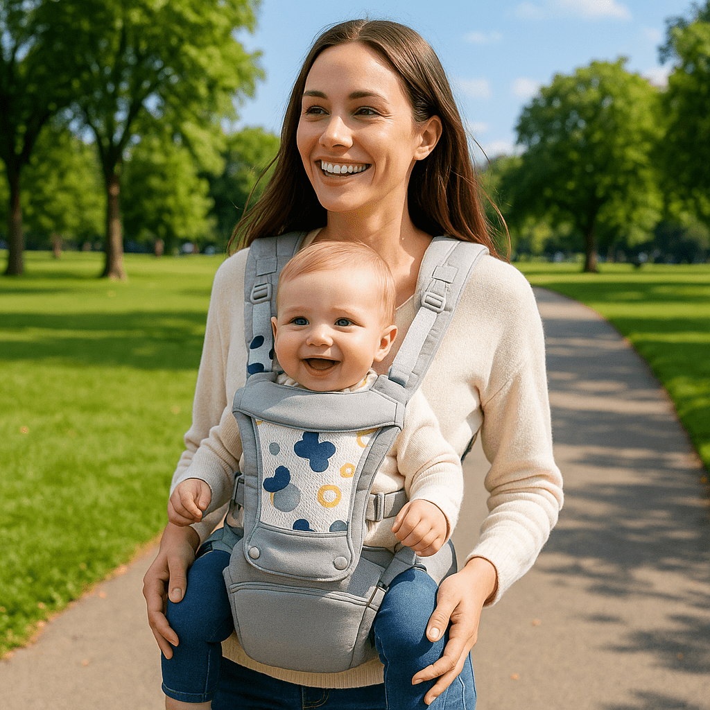 bébé dans porte - bébé physiologique ergofamily au parc avec maman