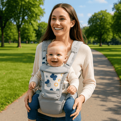 bébé dans porte - bébé physiologique ergofamily au parc avec maman