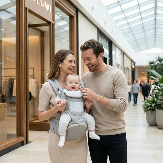 bébé dans porte bébé physiologique respirant avec maman et papa