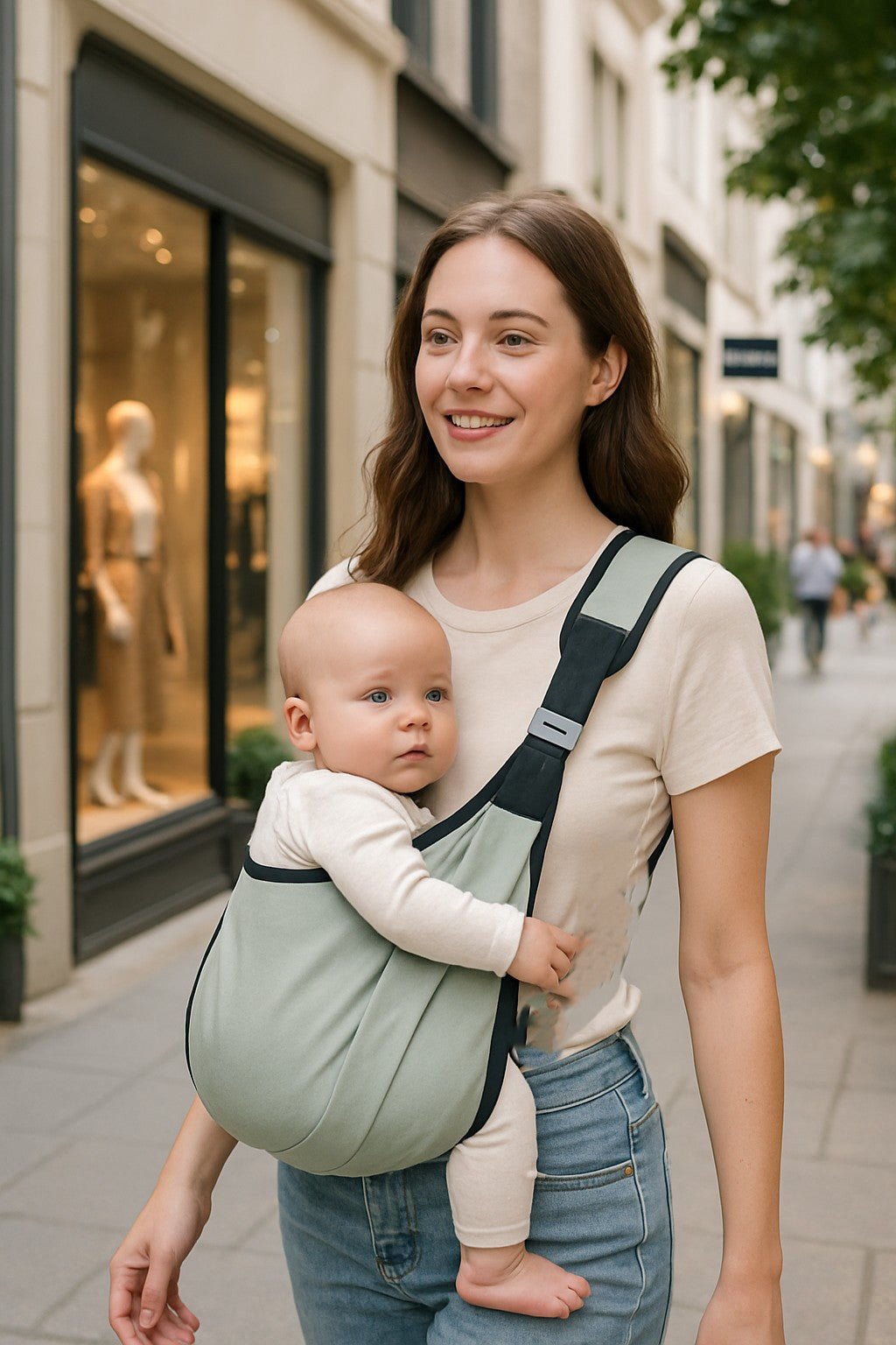 bébé dans porte - bébé ultracomfort avec maman en ville