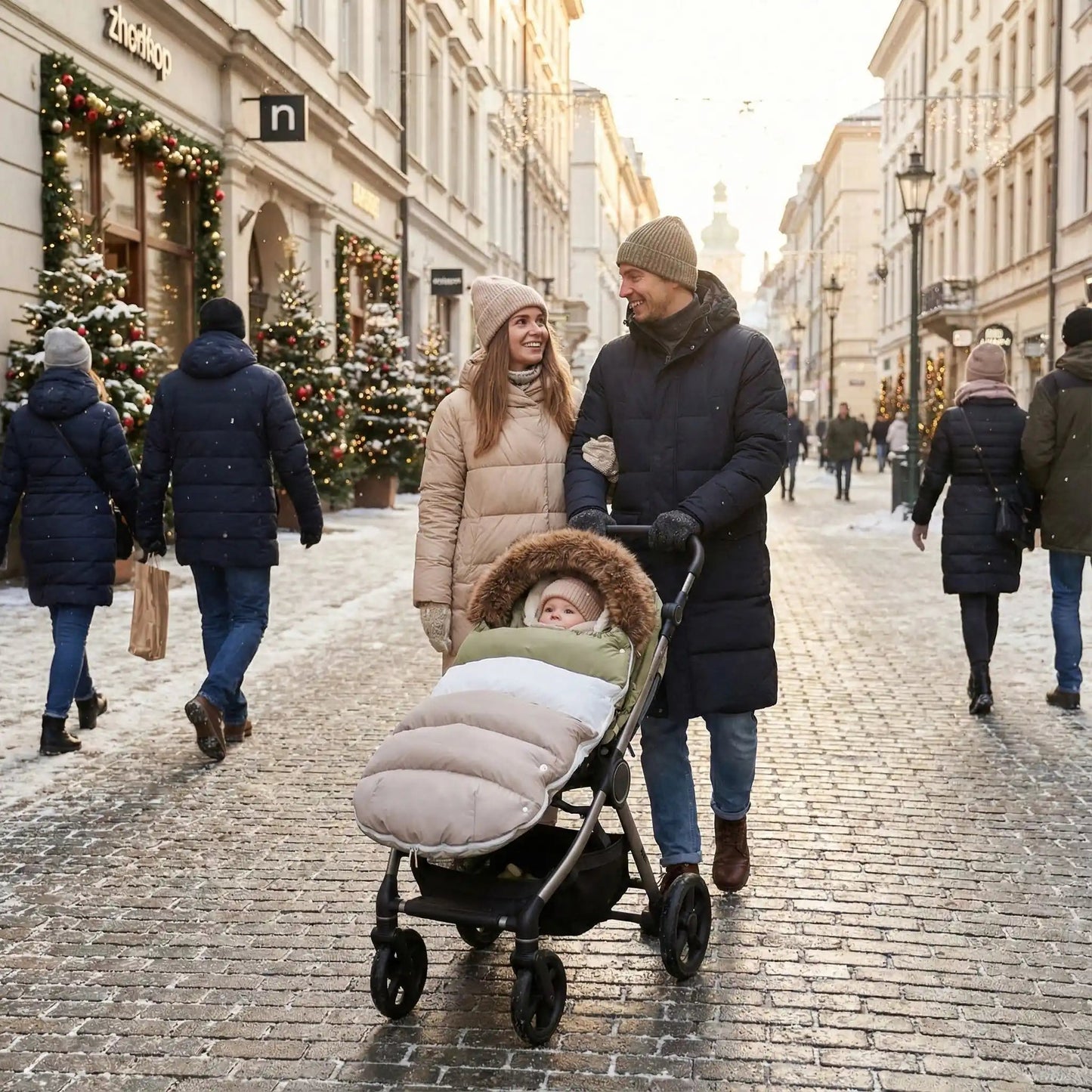 bébé dans poussette chanceliere polar protection avec maman et papa