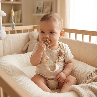 bébé dans son berceau porte attache tetine adorable