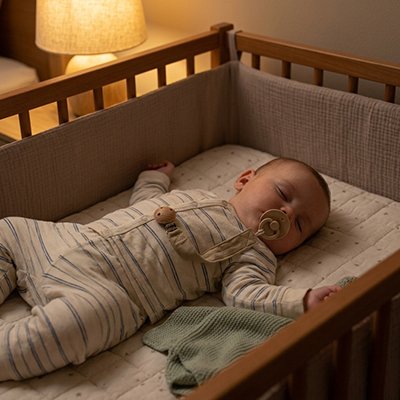 bébé dans son berceau porte attache tétine tissu sécur 