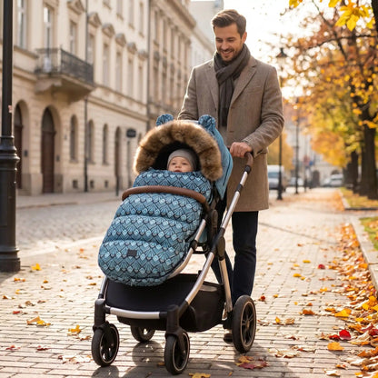 bébé dans une chanceliere chaude bebe softwarm en ville avec papa