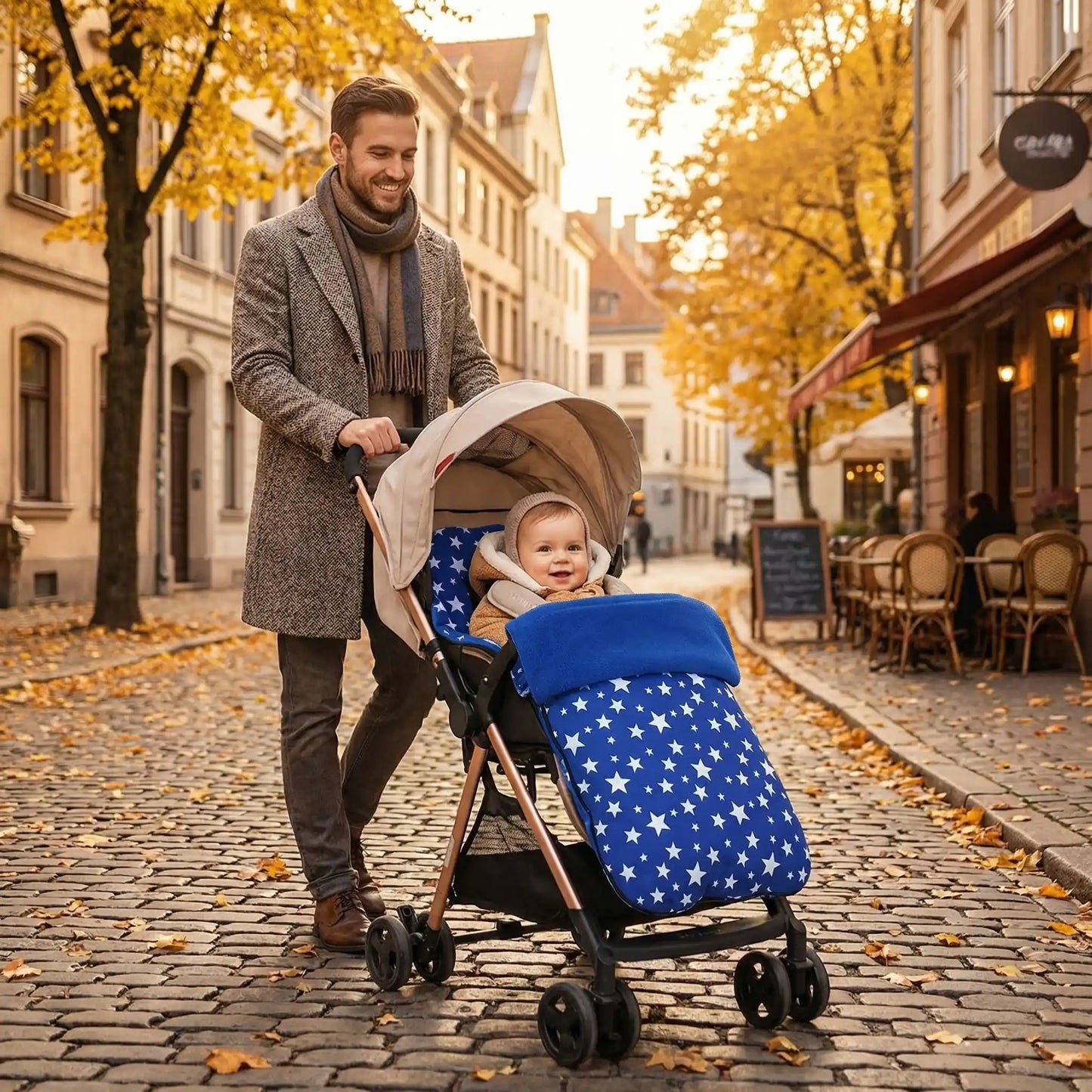 bébé dans une chancelière ultra chaud en ville avec papa