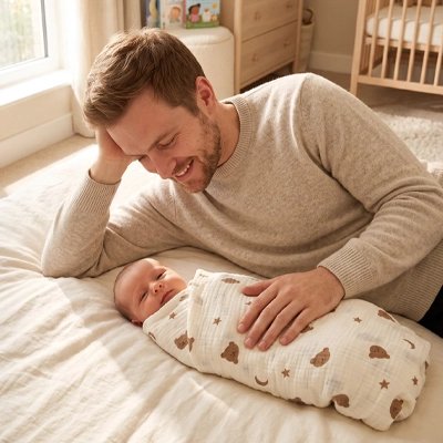 bébé emmaillote dans couverture bebe paisible avec papa au lit