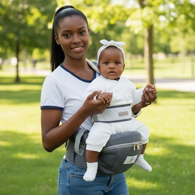 bébé en porte bebe comfy ergonomique avec maman au parc