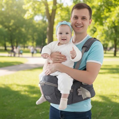 bébé en porte bebe comfy ergonomique avec papa