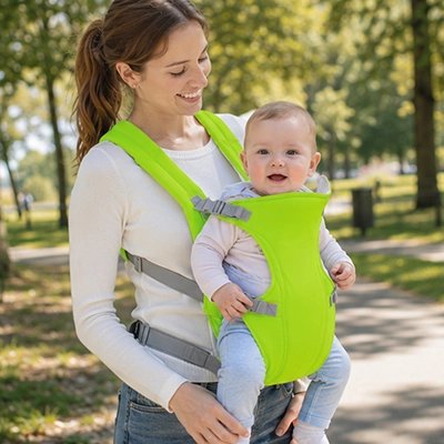 bébé en porte bebe ergonomique nature avec maman au parc 