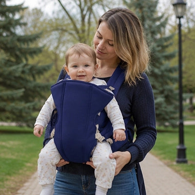 bébé en porte bebe ergonomique vent avec maman au parc