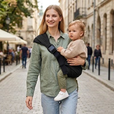 bébé en porte bebe hanche pratique avec maman en ville