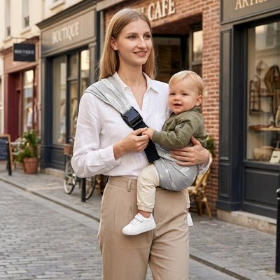 bébé en porte bebe hanche pratique en ville avec maman