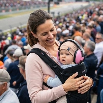 bébé éveillé porte casque anti bruit bebe zen avec mamanau stade