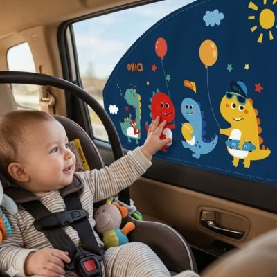bébé joue avec pare soleil pour bebe optimale sur vitre