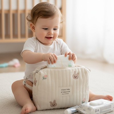 bébé joue avec sac à langer bébé complet & pratique