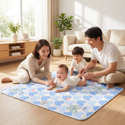 bébé joue sur tapis à langer de voyage butterfly avec famille